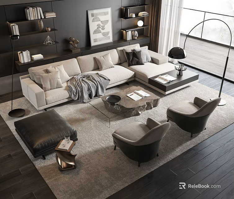 Modern Beige Sofa And Coffee Table Set With Pillows Throw Blanket Armchairs And Area Rug 3d model 