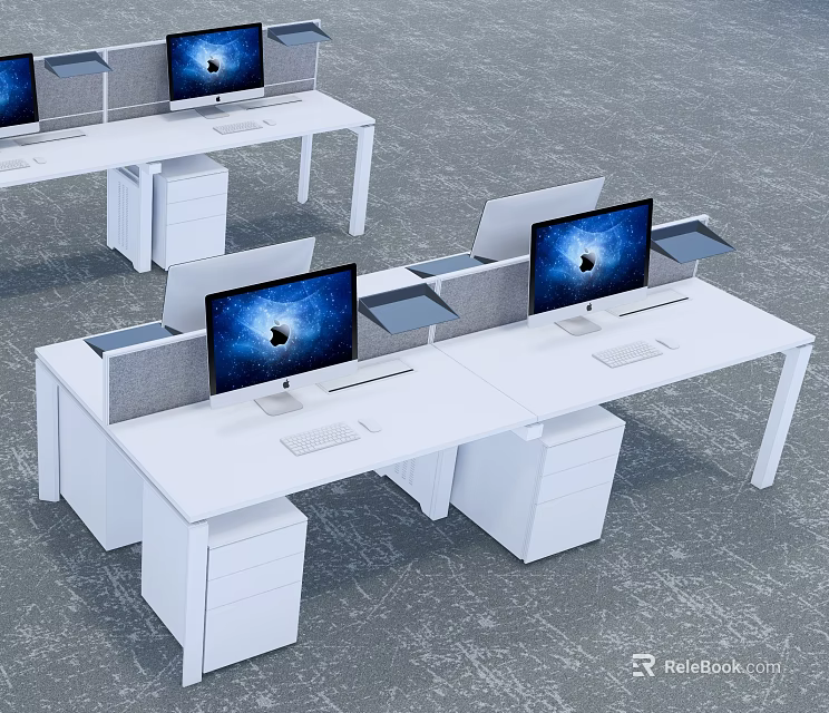 Modern Public Office Space with White Desks Computers Dividers and Filing Cabinets 3d model 