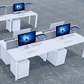 Modern Public Office Space with White Desks Computers Dividers and Filing Cabinets