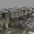Aerial View Of Abandoned Ruins With Damaged Concrete Structures Wooden Debris And Metal Scraps