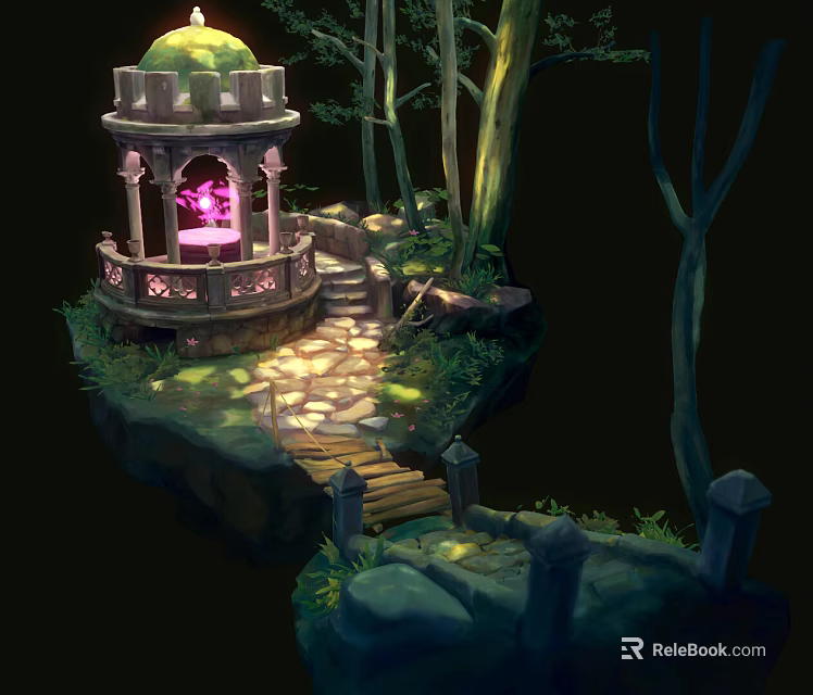 Cartoon Fantasy Forest Scene with Glowing Pink Dome Pavilion Stone Path and Trees 3d model 