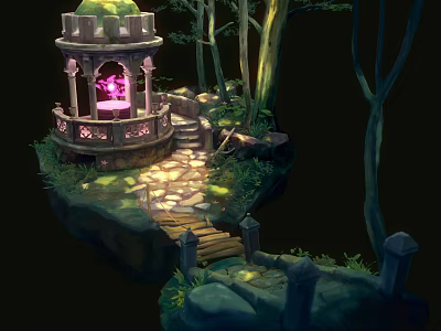 Cartoon Fantasy Forest Scene with Glowing Pink Dome Pavilion Stone Path and Trees 3d model
