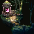 Cartoon Fantasy Forest Scene with Glowing Pink Dome Pavilion Stone Path and Trees