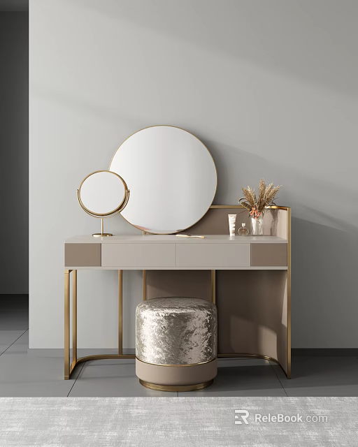 Modern Dressing Table With Round Mirrors Sequin Stool And Dried Grass Decor 3d model