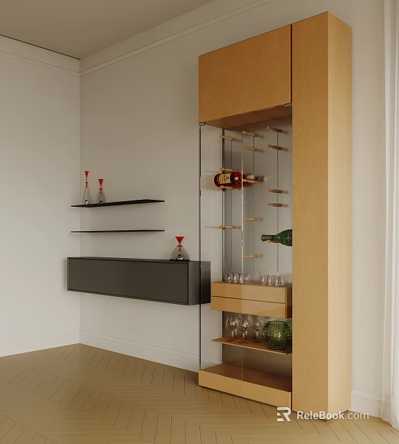 Contemporary Wine Cabinet Design With Glass Shelves Holding Wine Bottles And Glasses 3d model 