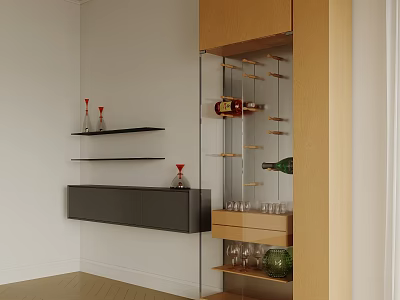 Contemporary Wine Cabinet Design With Glass Shelves Holding Wine Bottles And Glasses 3d model