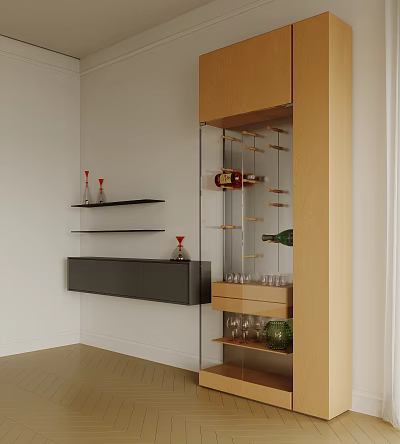 Contemporary Wine Cabinet Design With Glass Shelves Holding Wine Bottles And Glasses 3d model