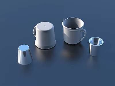 Stylish Household Items Including Mugs Containers Small Cups in White Silver with Lids Handles 3d model