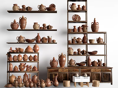 Collection of Hand Carved Ceramic Sculptures on Wooden Shelves and Cabinets 3d model