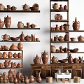 Collection of Hand Carved Ceramic Sculptures on Wooden Shelves and Cabinets