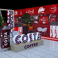 Coca Cola Display Area With Red Background Shelves Drinks Green Plants And White Chairs