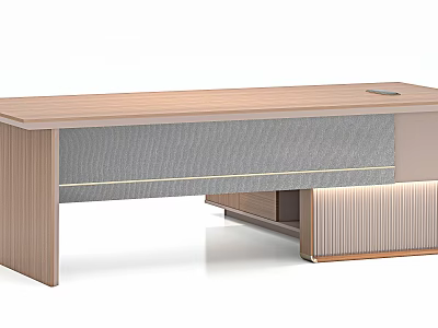 Modern Office Desk With Wooden Top Gray Panel Gold Accent Strip And Vertical Striped Cabinet 3d model