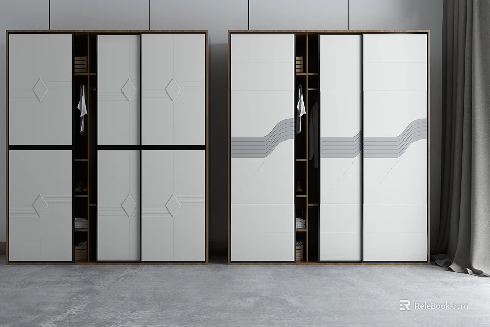 Modern Wardrobe Design With Sliding Doors Geometric Patterns And White Dark Accents 3d model 