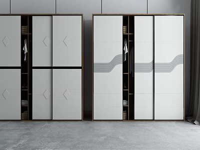Modern Wardrobe Design With Sliding Doors Geometric Patterns And White Dark Accents 3d model