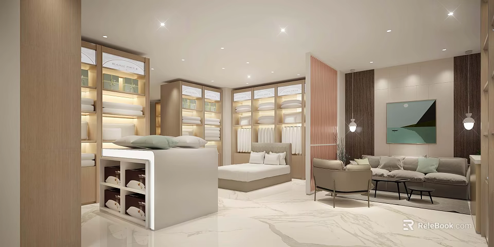 Modern Home Furnishing Store With Furniture Displays Shelves Bed Sofa And Textiles 3d model 