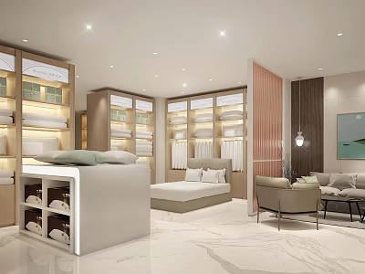 Modern Home Furnishing Store With Furniture Displays Shelves Bed Sofa And Textiles 3d model