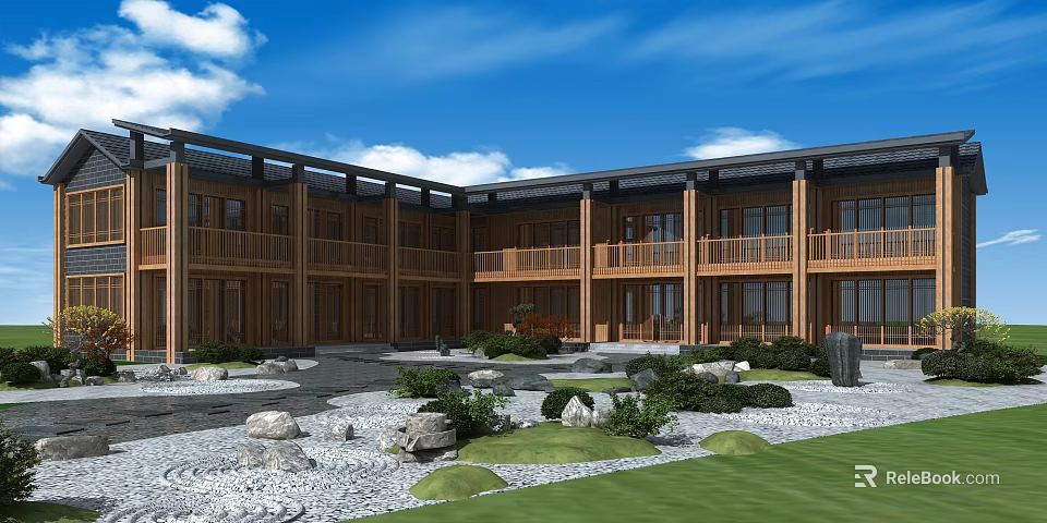 Traditional Chinese Architecture Courtyard With Wooden Structure Green Plants Stones And Blue Sky White Clouds 3d model 