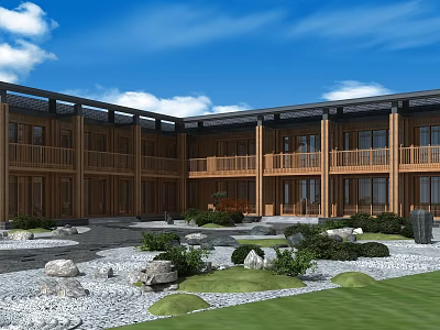 Traditional Chinese Architecture Courtyard With Wooden Structure Green Plants Stones And Blue Sky White Clouds 3d model