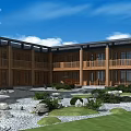 Traditional Chinese Architecture Courtyard With Wooden Structure Green Plants Stones And Blue Sky White Clouds
