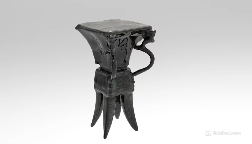 Ancient Chinese Bronze Vessel With Three Legs Curved Handle And Intricate Carvings 3d model 