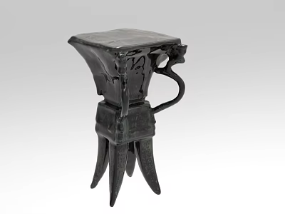Ancient Chinese Bronze Vessel With Three Legs Curved Handle And Intricate Carvings 3d model