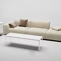 Modern Beige Three-Seater Sofa with Cushions White Coffee Table and Side Table 3d model