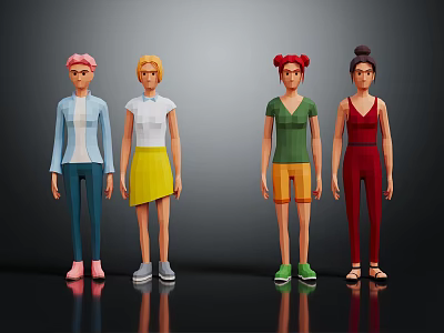 Four Stylish Cartoon Characters With Various Hairstyles And Colorful Outfits 3d model