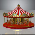 Children Riding Colorful Carousel With Red White Striped Canopy And Golden Decorations
