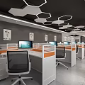 Modern Public Office Space With Cubicles Computers Geometric Ceiling Lights And Decorative Paintings 3d model