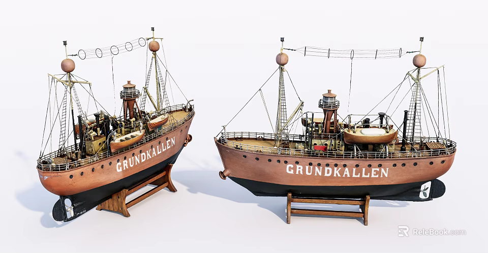 Two Detailed Wooden Ship Models With Masts Equipment And Wooden Stands 3d model 