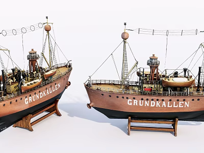 Two Detailed Wooden Ship Models With Masts Equipment And Wooden Stands 3d model