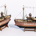 Two Detailed Wooden Ship Models With Masts Equipment And Wooden Stands