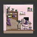 Cozy Pink Small Room Interior With Bed Desk Bookshelf Teddy Bear And Plants