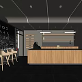 Modern Coffee Shop Interior Design With Wooden Bar Counter Beige Bar Stools And Blackboard Menu