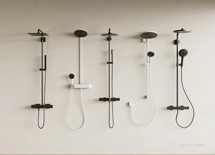 Modern Shower Fixtures In Black And White Designs Mounted On Wall 3d model 