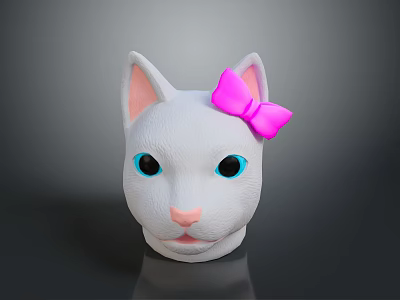 White Cat Head Figurine With Pink Bow Blue Eyes And Pink Nose 3d model
