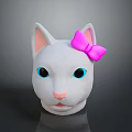 White Cat Head Figurine With Pink Bow Blue Eyes And Pink Nose
