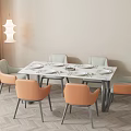 Elegant Rectangular Dining Table Set with Orange Chairs Marble Top and Pendant Light 3d model