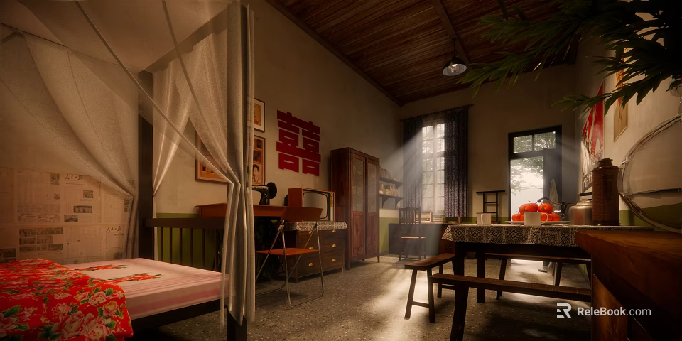 Cultural Center Traditional Interior With Red Xi Character Wooden Furniture And Sunlight 3d model 