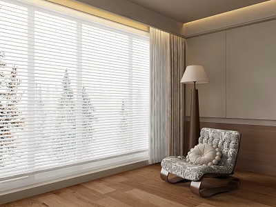 Modern Interior Room Featuring Large Window Blinds Wooden Floor Armchair Floor Lamp And Trees Outside View 3d model