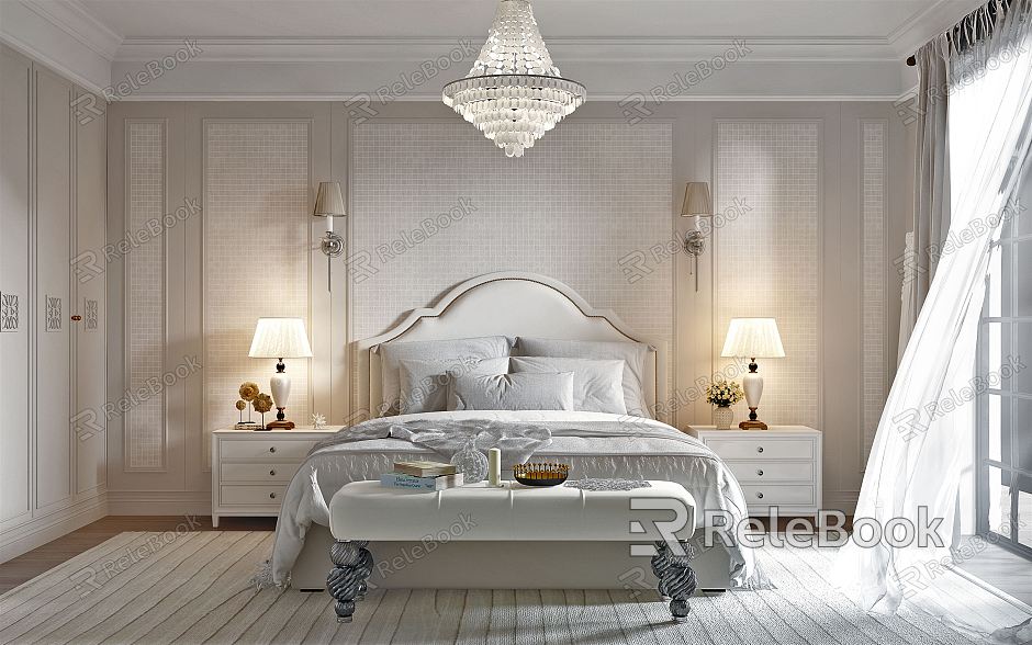 French Bedroom Home Bedroom Double Bed Chandelier Bedside Background Bedside Cabinet Bedside Stool Wardrobe model