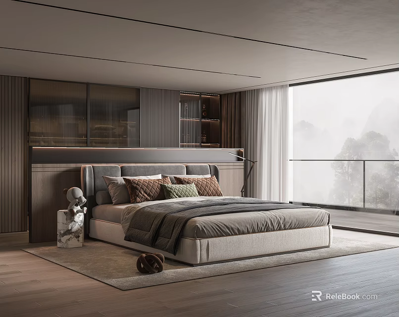 Modern Bedroom Interior With Stylish Headboard Large Window Scenic View And Wooden Flooring 3d model 