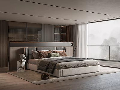 Modern Bedroom Interior With Stylish Headboard Large Window Scenic View And Wooden Flooring 3d model