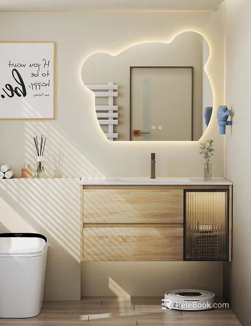 Modern Wooden Bathroom Vanity Cabinet With Mirror LED Lighting And Drawers 3d model 