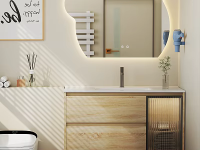 Modern Wooden Bathroom Vanity Cabinet With Mirror LED Lighting And Drawers 3d model