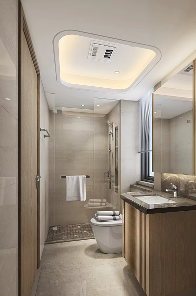 Modern Light Luxury Bathroom With Clear Glass Shower Enclosure And Elegant Marble Vanity Countertop 3d model