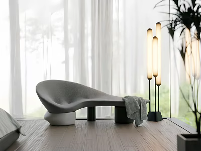 Gray Ottoman Design With Wooden Floor White Curtains Floor Lamps And Green Plants 3d model