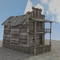 Old Western Style Two Story Wooden Building With Weathered Roof And Stone Base