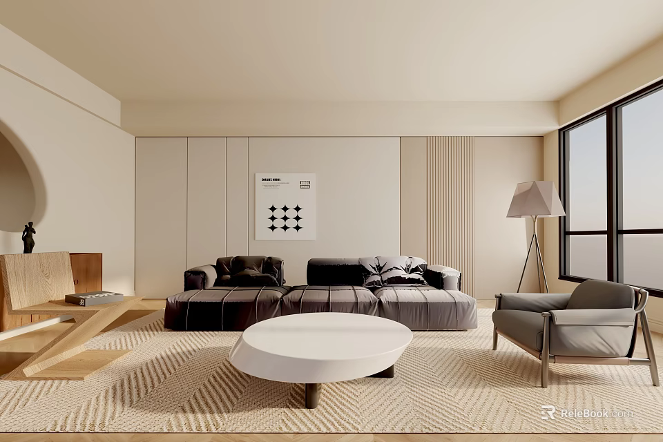 Modern Minimalist Living Room Interior With Sofa Coffee Table Floor Lamp Rug And Artwork 3d model 