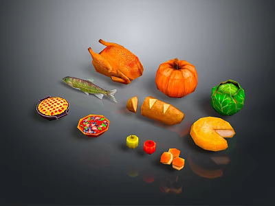 Assorted Fresh Food Items Including Roast Chicken Fish Pumpkin Cabbage Pie And Cheese 3d model